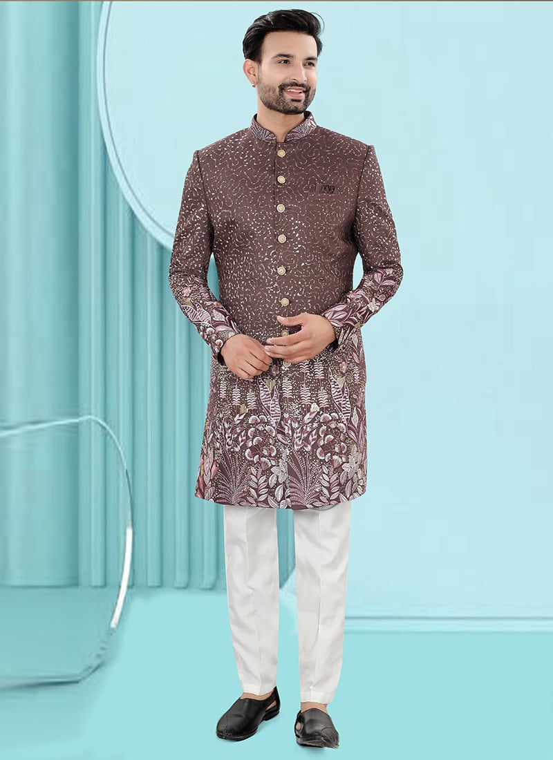 Wine Jacquard Silk Embroidered Sequins Indowestern Sherwani Wedding Wear
