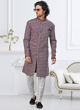 Wine Jacquard Silk Embroidered Sequins Indowestern Sherwani