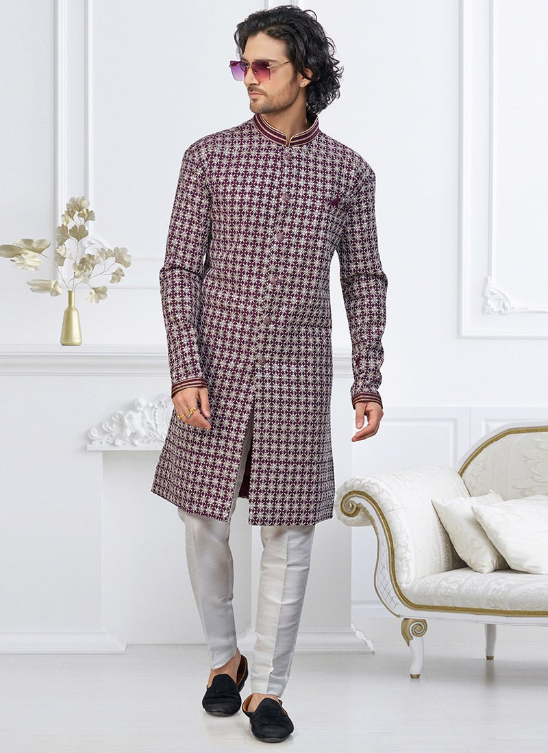 Wine Jacquard Silk Embroidered Sequins Indowestern Sherwani Wedding Wear