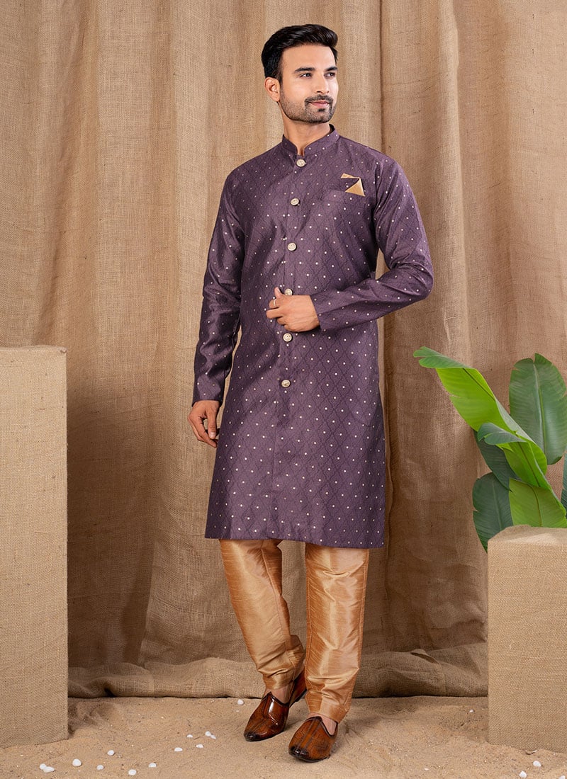 Wine Jacquard Silk Indowestern Sherwani