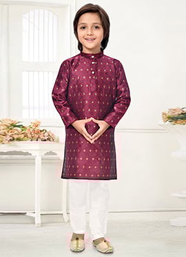 Wine Jacquard Silk Kids Kurta Pyjama Set Crafted With Elegant Texture