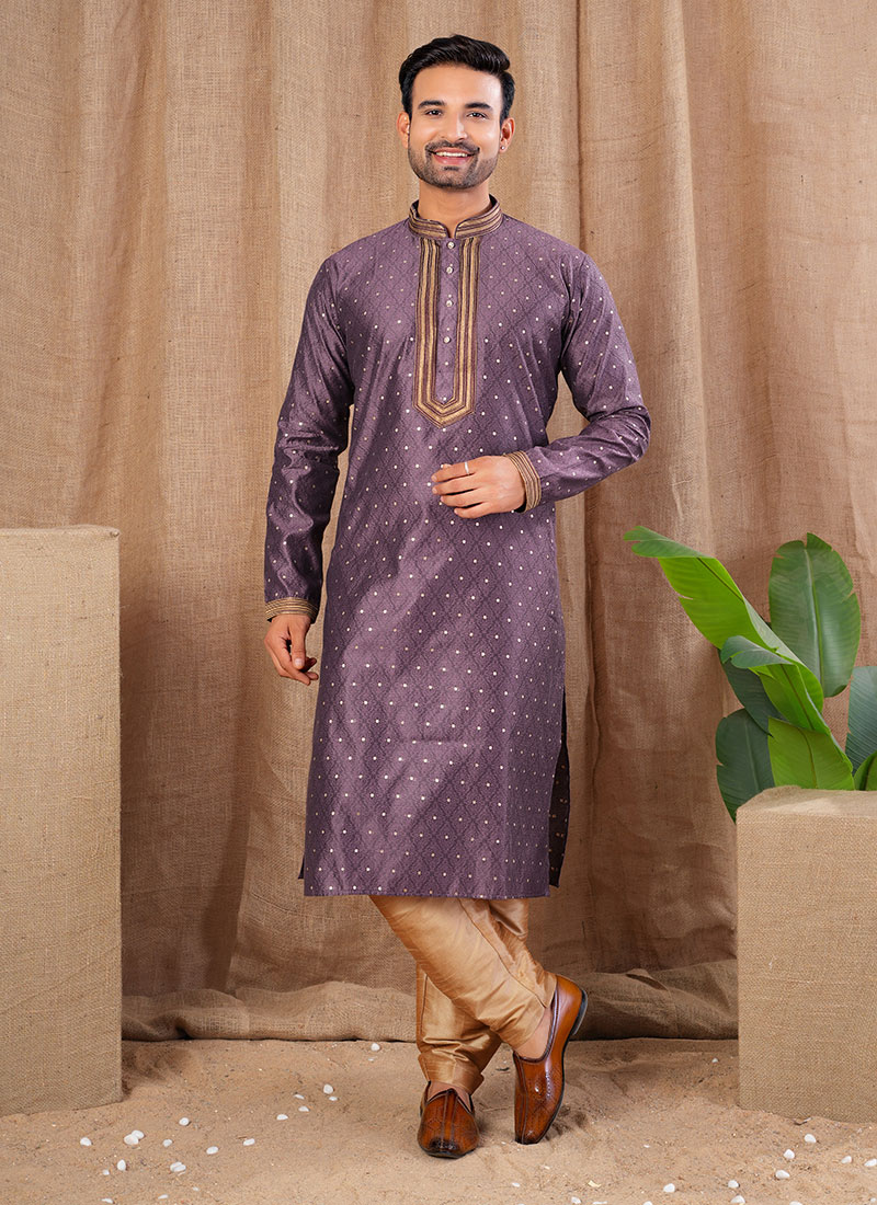 Wine Jacquard Silk Kurta Pyjama Festive Wear