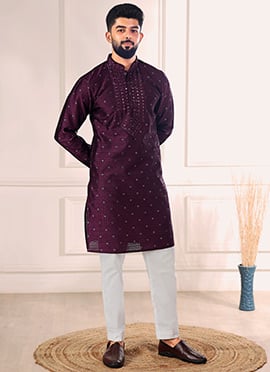 Wine Jacquard Silk Thread Embroidered Kurta Pyjama