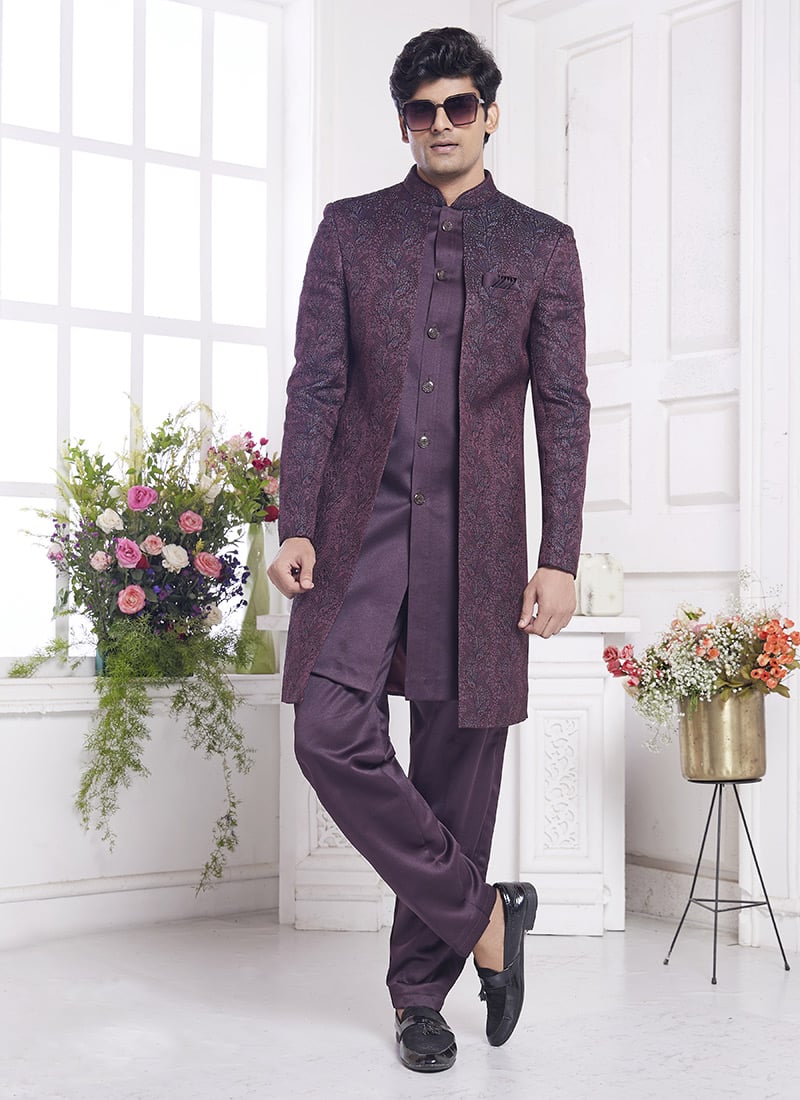 Wine Jacquard Silk Zari Embroidered Indowestern Jacket Sherwani Set Wedding Wear-SHMSC3529