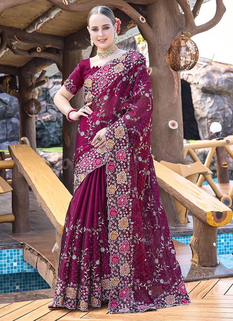 Wine Organza Floral Embroidered Sequins Stone Embossed Saree Festive Wear