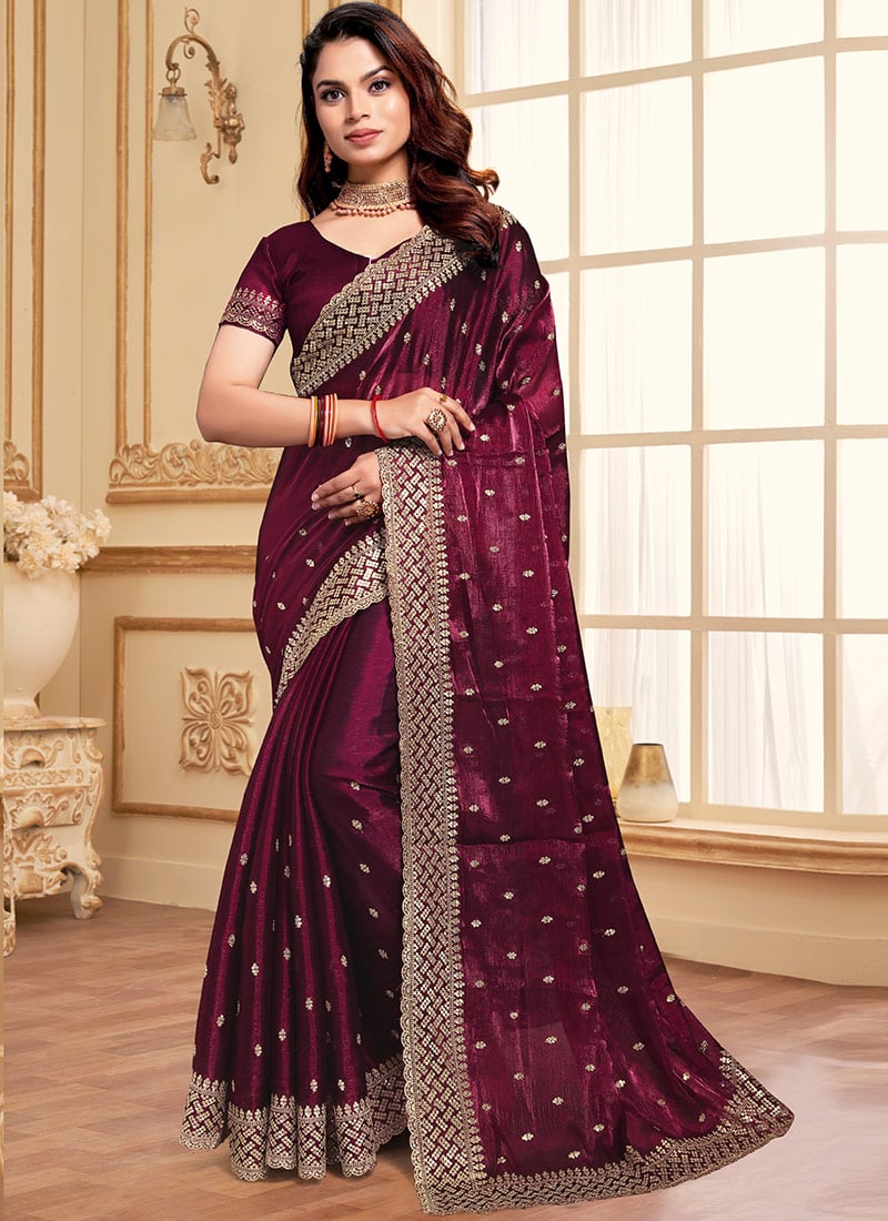 Wine Organza Zari Embroidered Sequins Saree Festive Wear