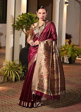 Wine Khadi Raw Silk Madhubani Printed Zari Woven Saree