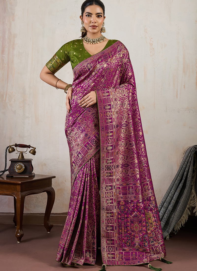 Wine Makhmal Soft Silk Zari Meenakari Work Saree Festive Wear