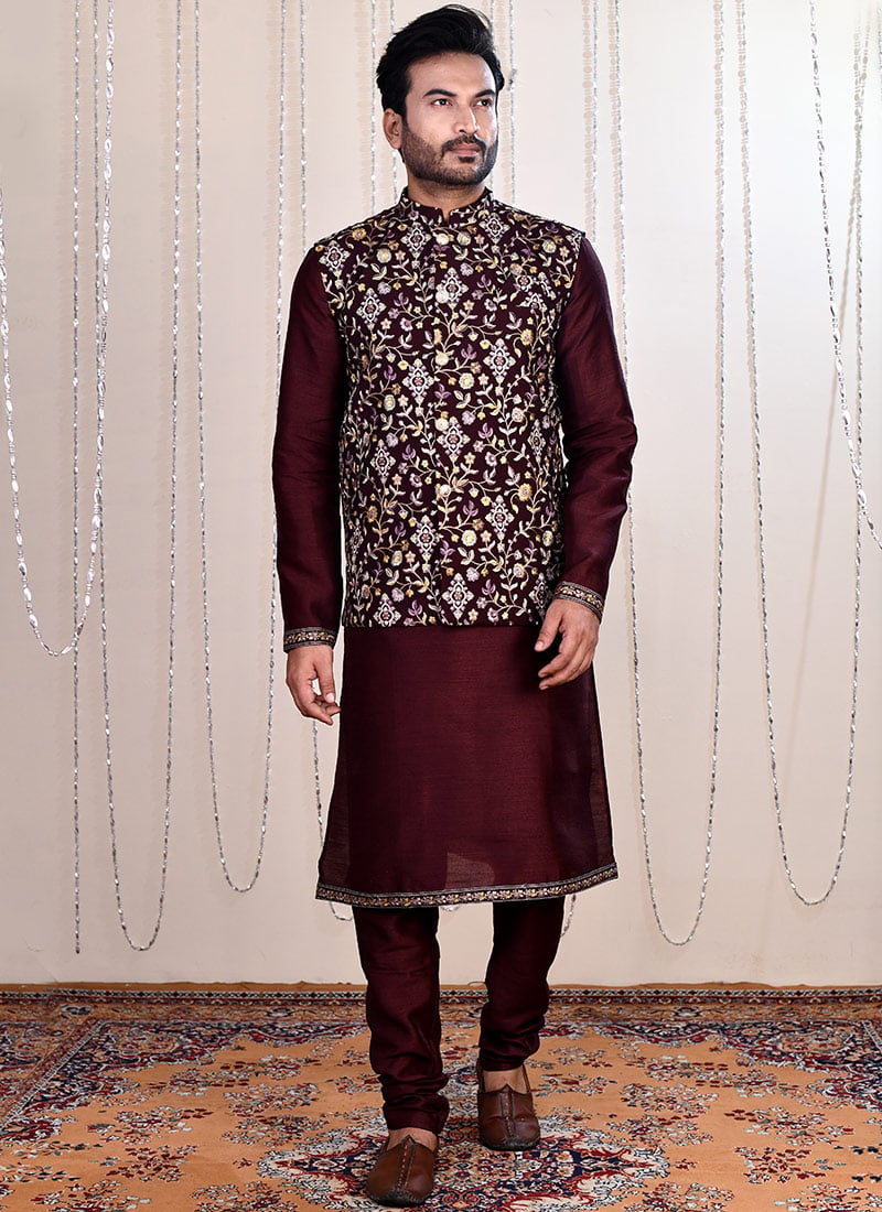 Wine Malai Silk Zari Embroidered Bandi Set For Men Festive Wear