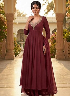 Wine Maroon Georgette Beads Sequins Zardozi Anarkali Suit
