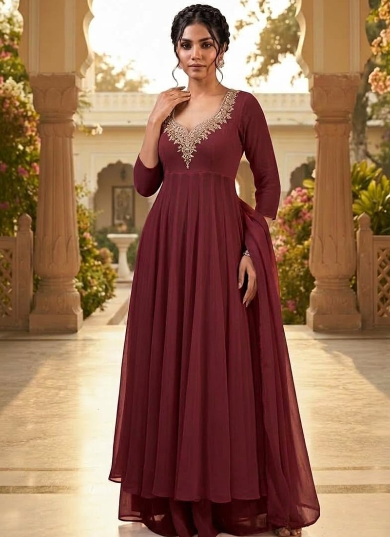 Wine Maroon Georgette Beads Sequins Zardozi Anarkali Suit After Six Wear