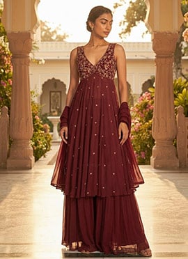 Wine Maroon Georgette Zari Sequins Anarkali Suit