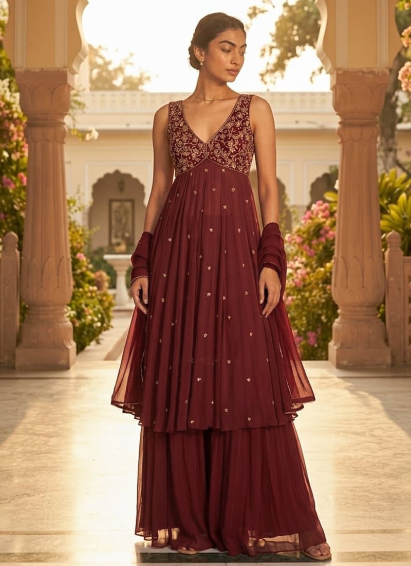 Wine Maroon Georgette Zari Sequins Anarkali Suit Festive Wear
