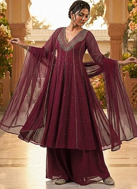 Wine Maroon Georgette Zari Sequins Foil Mirror Work Anarkali Suit