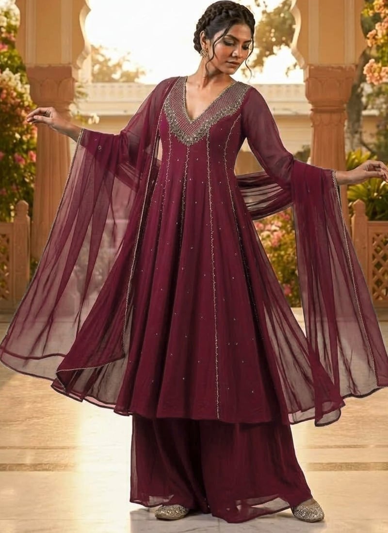Wine Maroon Georgette Zari Sequins Foil Mirror Work Anarkali Suit After Six Wear