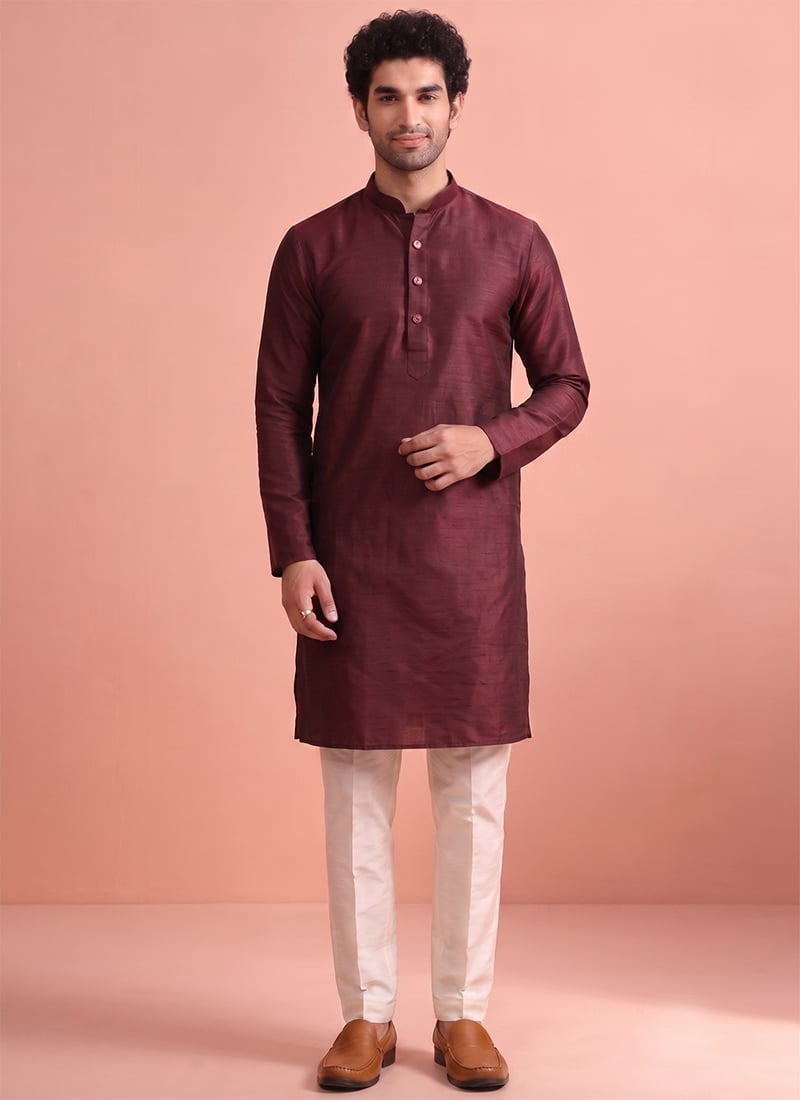 Wine Maroon Silk Kurta Pyjama Festive Wear