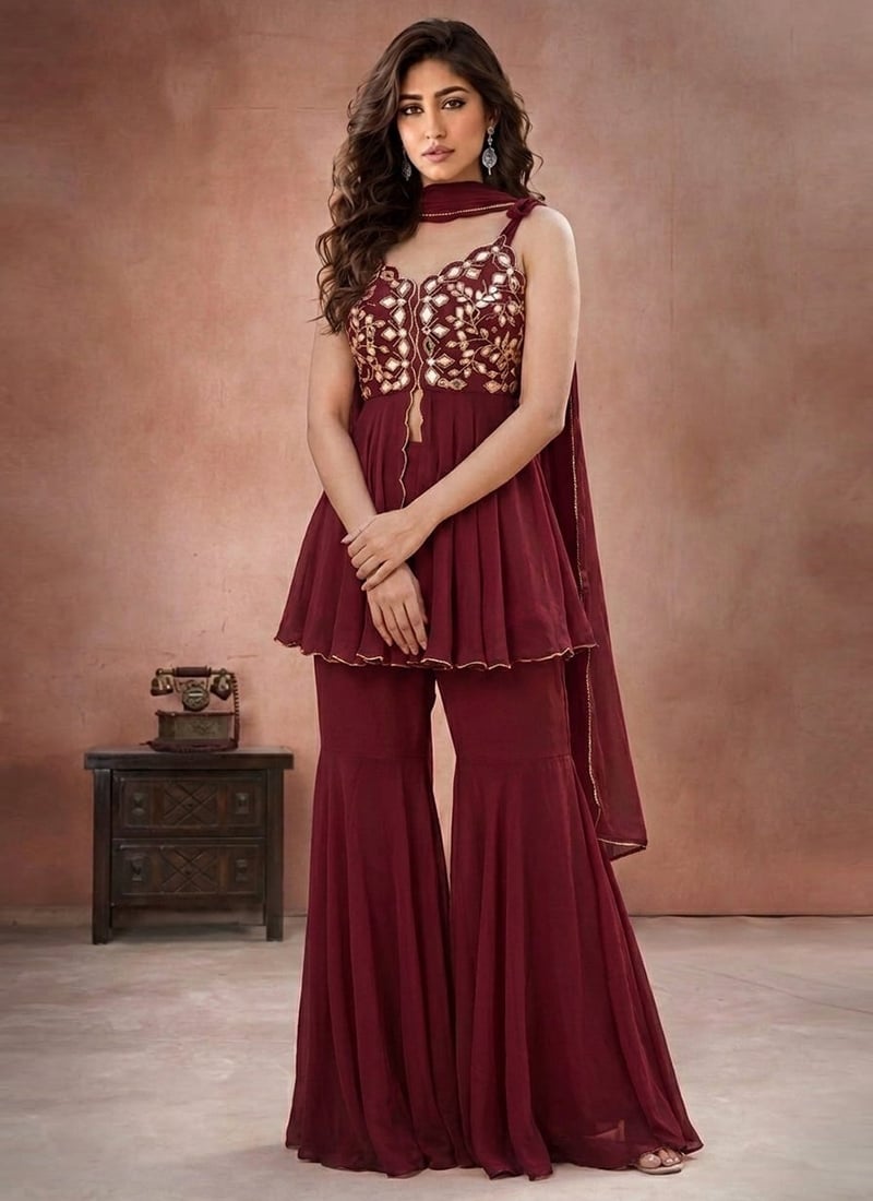 Wine Mirror Work With Hand Embroidered Georgette Sharara Suit Festive Wear