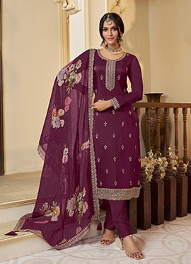 Wine Munga Silk Embroidered Sequins Digital Print Straight Pant Suit