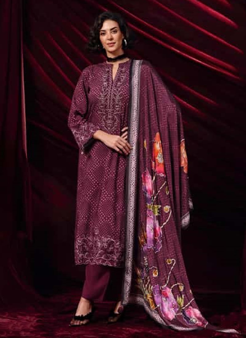 Wine Muslin Digital Print Straight Pant Suit