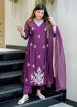 Wine Muslin Embroidered Sequins Straight Pant Suit