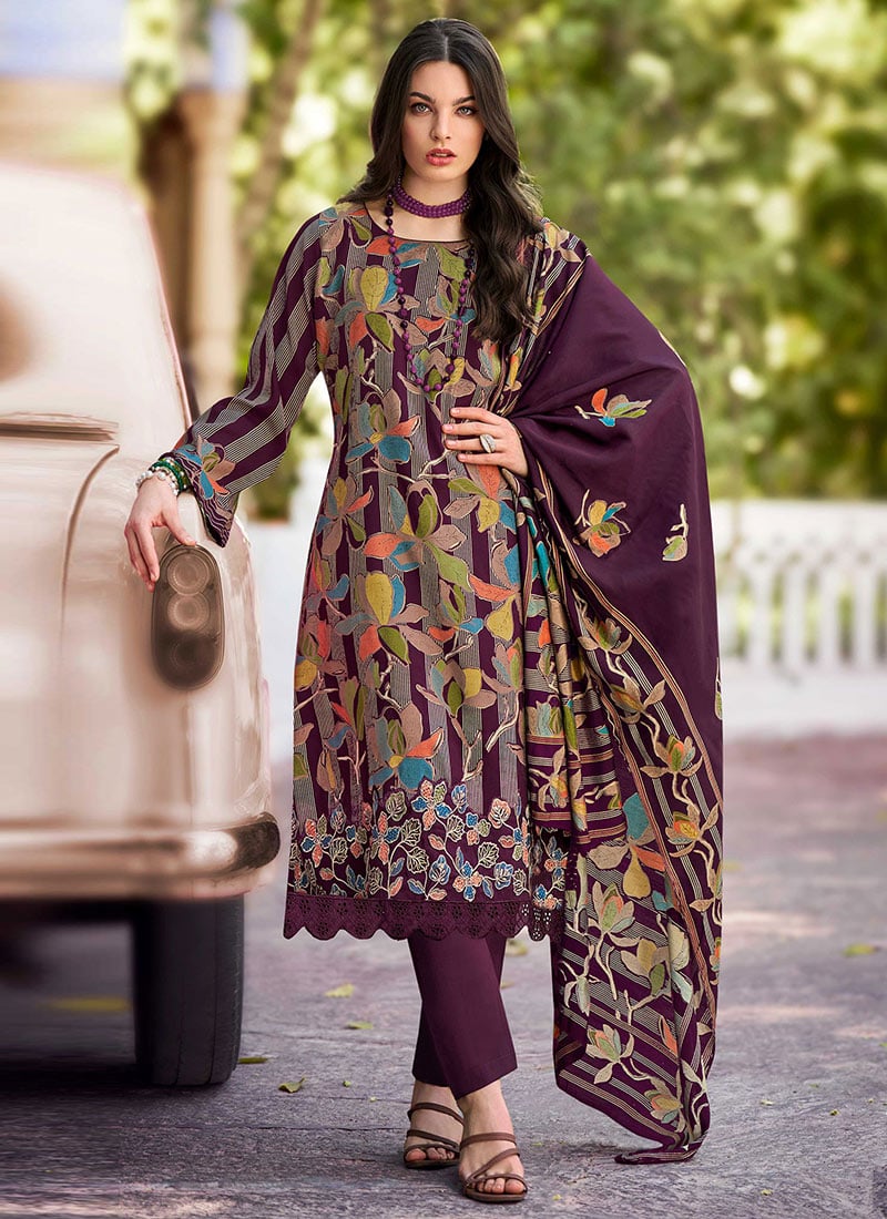 Wine Muslin Thread Embroidered And Floral Print Straight Pant Suit
