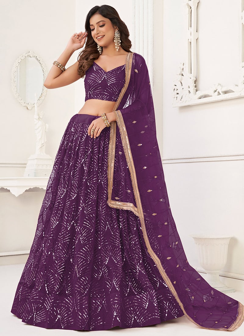 Purple Net Embroidered Sequins Gorgeous Lehenga Wedding Wear