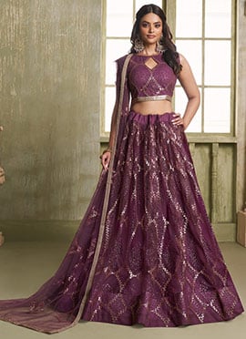 Wine Net Embroidered Sequins Lehenga