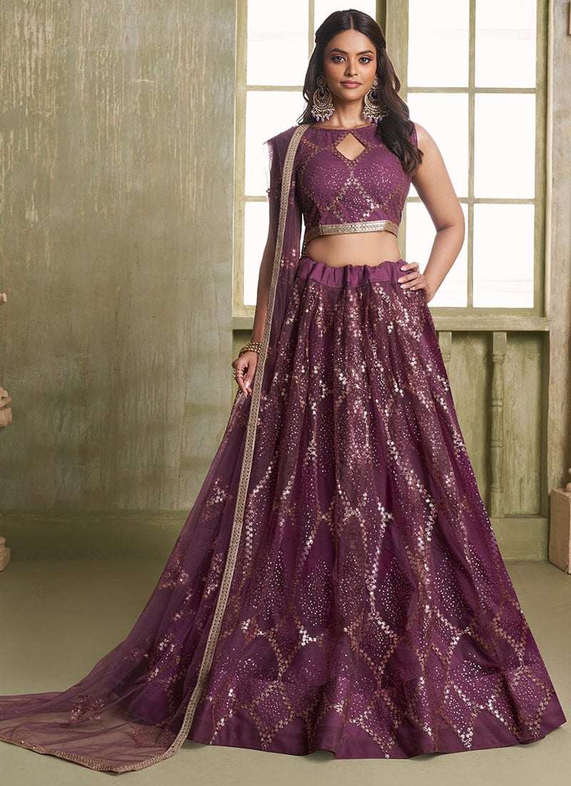 Wine Net Embroidered Sequins Lehenga Wedding Wear