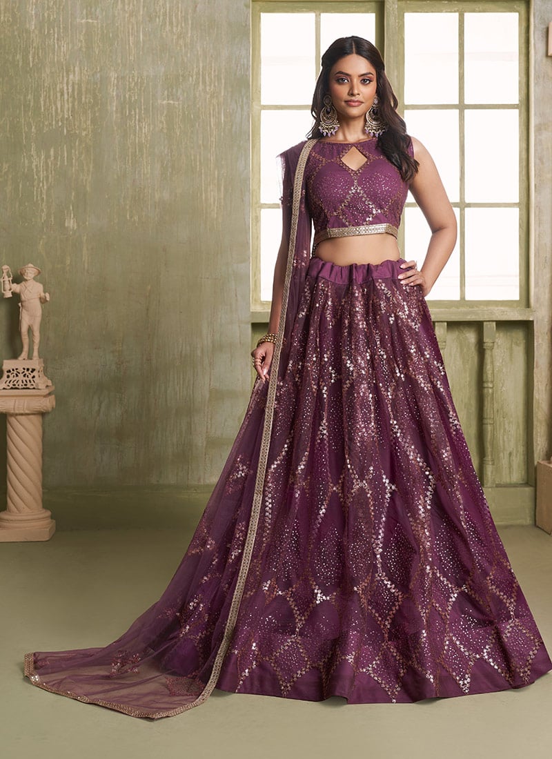Wine Net Embroidered Sequins Stunning Lehenga Wedding Wear