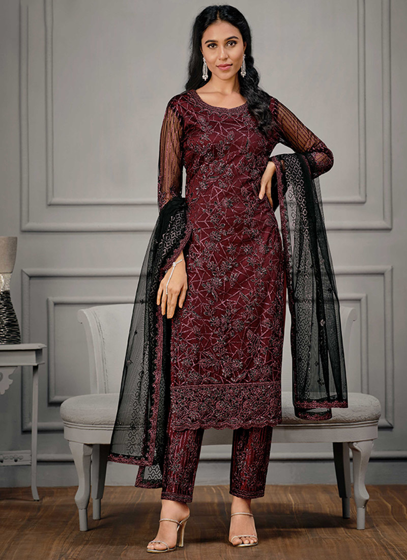 Buy Wine Net Embroidery Straight Pant Suit Party Wear, Sequins