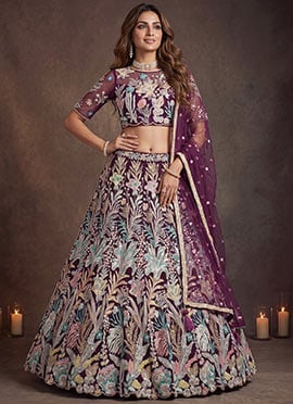 Wine Net Sequins Embroidered Lehenga