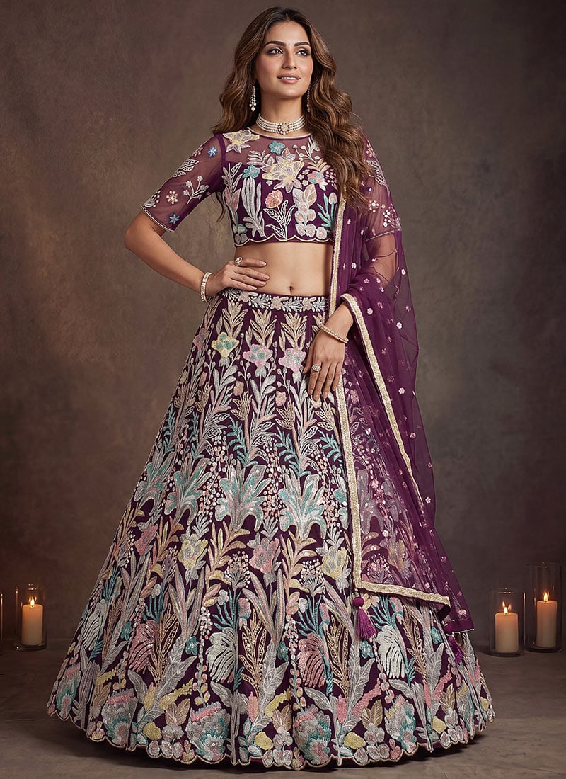 Wine Net Sequins Embroidered Lehenga Wedding Wear