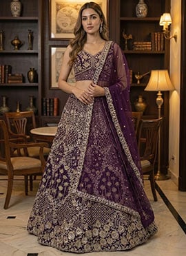 Wine Net Sequins Embroidered Zari Thread Dori Umbrella Lehenga