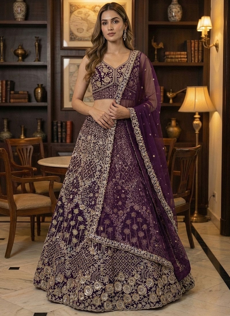 Wine Net Sequins Embroidered Zari Thread Dori Umbrella Lehenga Wedding Wear
