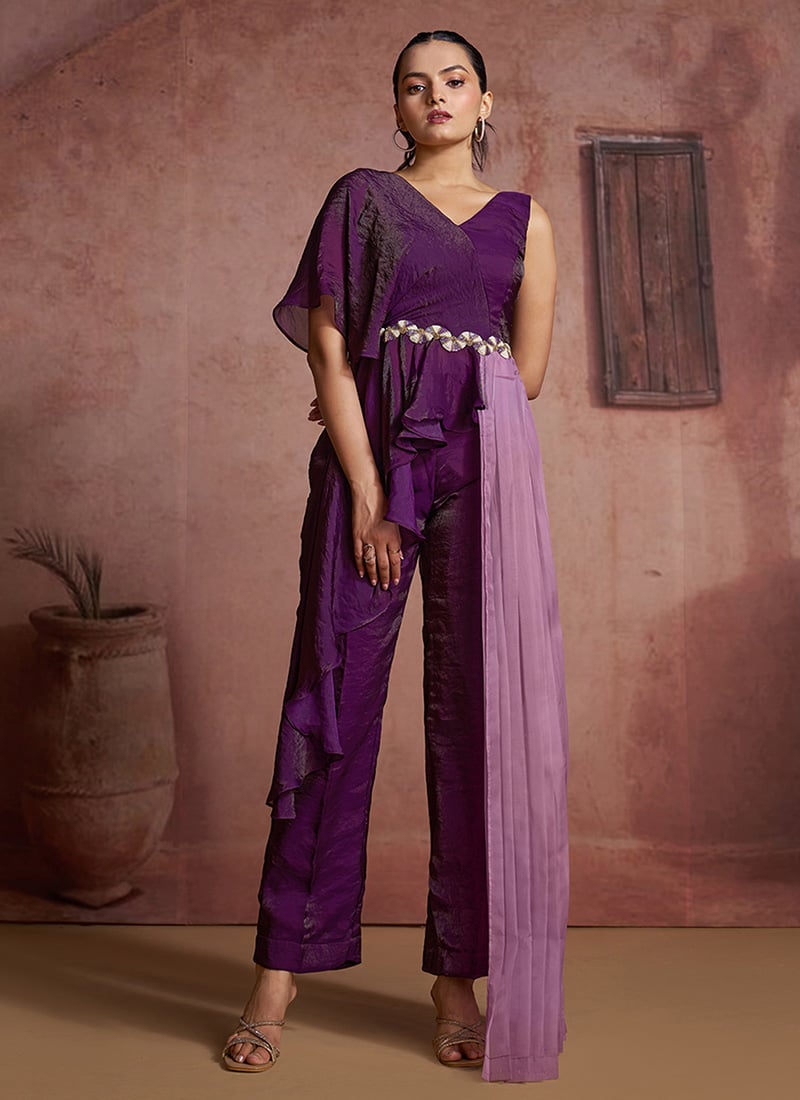Wine Organza Beads Indowestern Sets And Suits After Six Wear