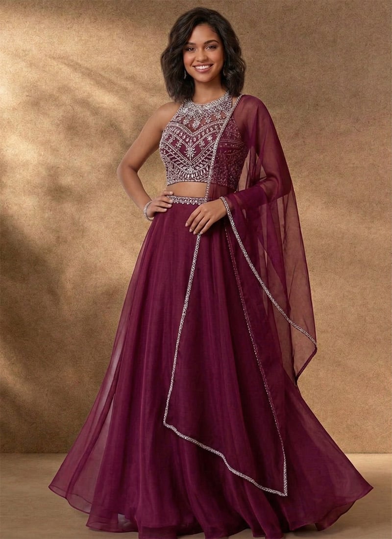 Wine Organza Hand Embroidered Stone Work Lehenga Wedding Wear