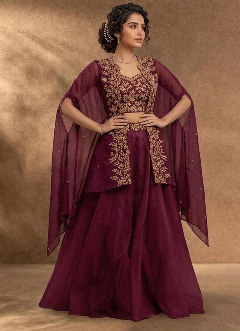 Wine Organza IndoWestern Jacket Skirt Set With Zari And Mirror Work Festive Wear