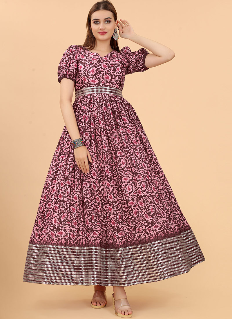 Buy Wine Organza Printed Maxi Dress After Six Wear Online at Best Price