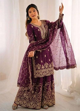 Wine Organza Silk Embroidered Sequins Sharara Suit