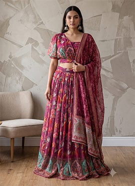 Wine Organza Silk Floral Printed Indowestern Skirt Set