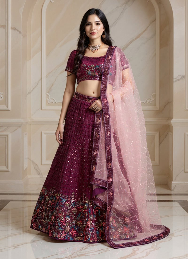 Wine Organza Tissue Zari Embroidered Sequins Lehenga Wedding Wear