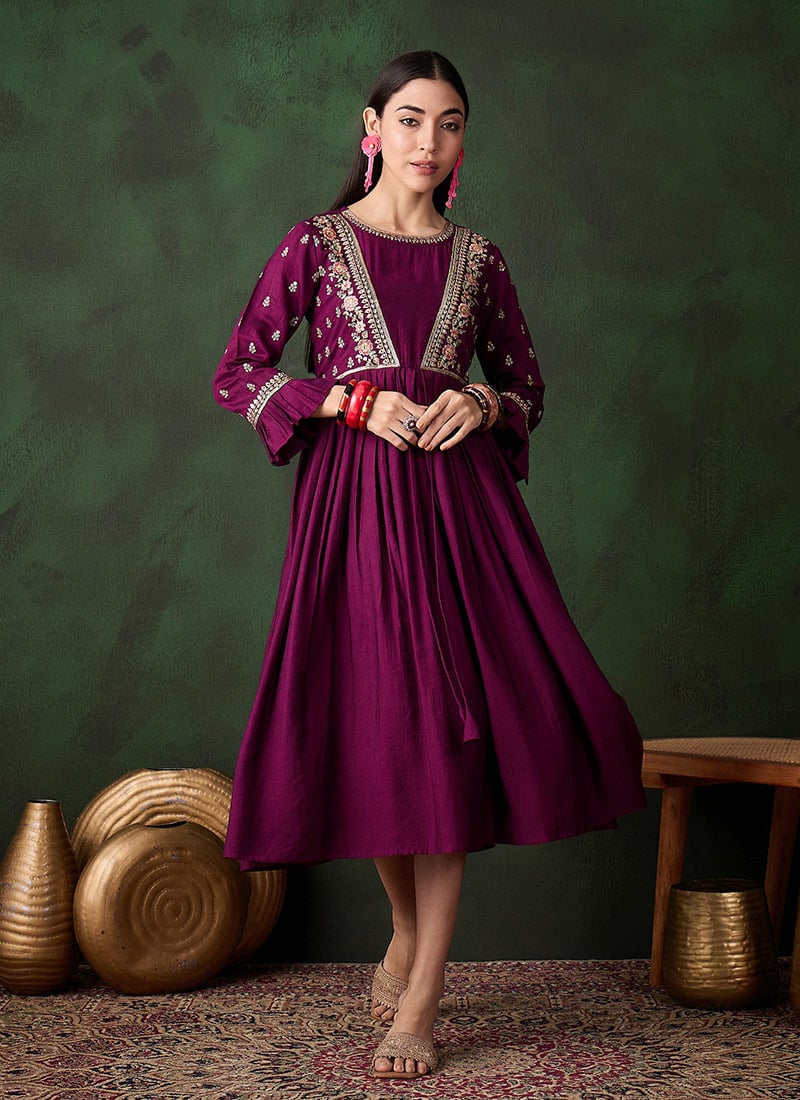 Wine Poly Embroidered Sequins Dress