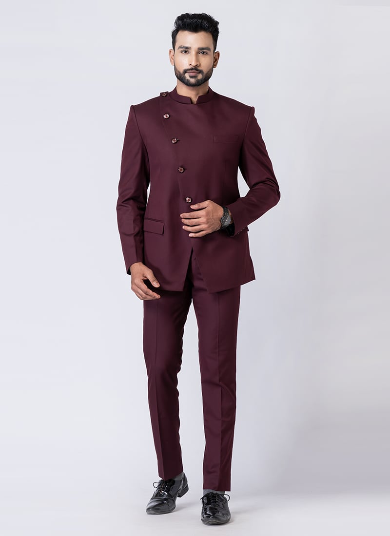 Wine Polyester Bandhgala Suits Wedding Wear