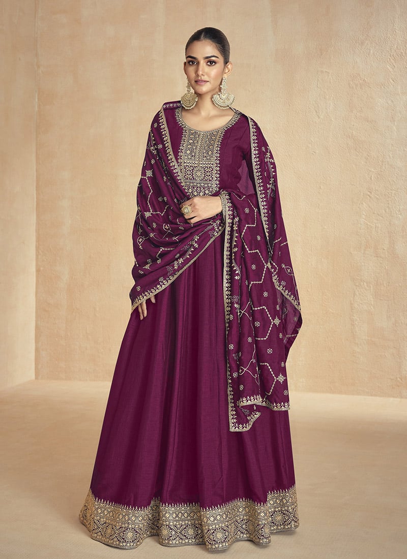 Wine Premium Silk Zari Embroidered Sequins Anarkali Suit Festive Wear