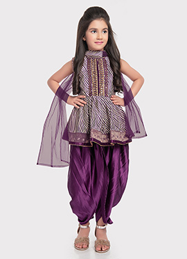 Wine Printed Embroidered Satin Kids Salwar Suit