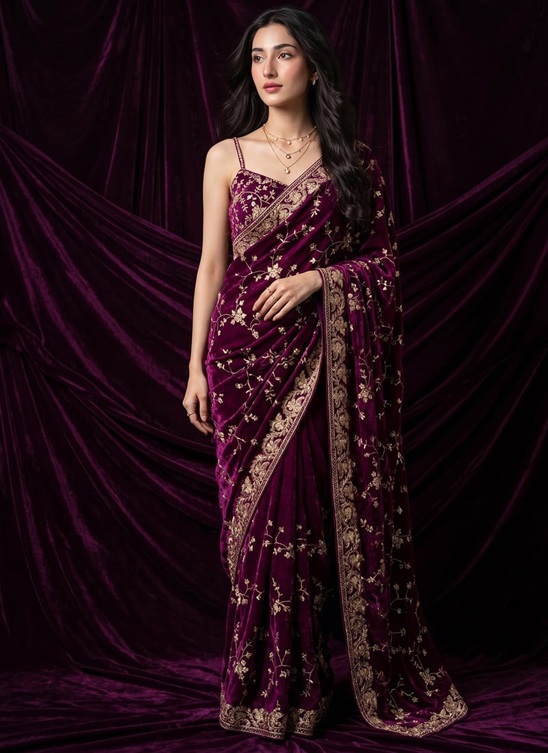 Wine Purple Crushed Silk Zari Sequins Floral Embroidered Saree Wedding Wear