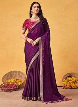 Wine Rangoli Silk Embroidered Sequins Tikki Work Saree