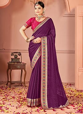 Wine Rangoli Silk Embroidered Sequins Zari Saree