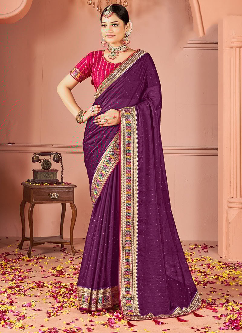 Wine Rangoli Silk Embroidered Sequins Zari Saree Festive Wear
