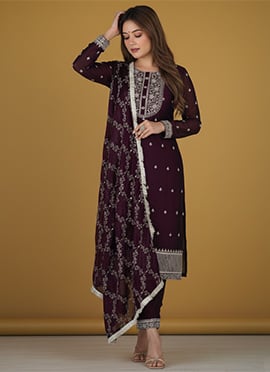 Wine Rangoli Silk Embroidered Straight Pant Suit